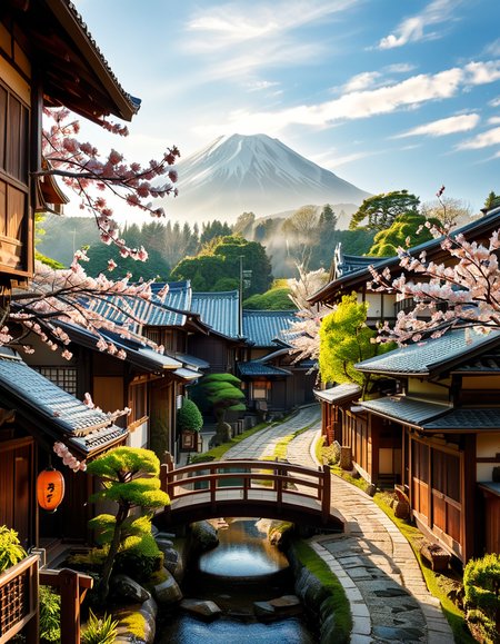 A picturesque traditional Japanese village nestled in a serene valley, surrounded by lush green mountains under a soft morning mist. The village consists of wooden houses with thatched roofs (gassho-zukuri style), showcasing intricate wooden details and sliding paper doors. A narrow stone-paved path winds through the village, leading to a small red torii gate at the entrance of a Shinto shrine. Cherry blossoms in full bloom line the streets, their pink petals gently falling in the breeze. A tranquil river flows through the village, crossed by an old wooden bridge with moss-covered stones. Villagers in traditional kimonos and straw hats go about their daily livesâan elderly man sweeping his porch, a woman carrying a basket of fresh produce, and children playing near a koi pond. The atmosphere is peaceful and nostalgic, with warm sunlight filtering through the trees, casting dappled shadows on the ground. The scene is rich in traditional Japanese aesthetics, evoking a sense of harmony and timeless beauty.
<lora:SDXLFaeTastic2400:0.4> <lora:extremely_detailed:0.4> extremely detailed,<lora:traditional_Japanese_v1ll4g3:1>,traditional Japanese v1ll4g3, Masterpiece,best quality,hi res,8k,hi res,8k,award winning,(sharp focus, intricate, highly detailed),