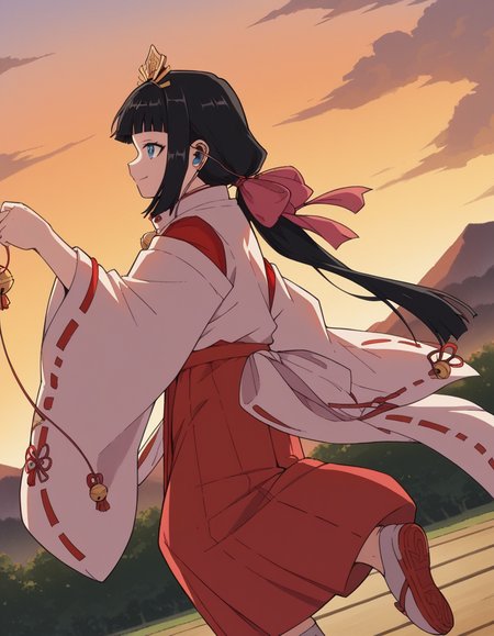 score_9, score_8_up, score_7_up, source_anime, <lora:nigewaka-shizuku-s1-ponyxl-lora-nochekaiser:1>, shizuku, long hair, bangs, blue eyes, black hair, blunt bangs,, japanese clothes, bell, miko, skirt, long sleeves, ribbon, wide sleeves, red ribbon, ribbon trim, hakama, hakama skirt, jingle bell, ribbon-trimmed sleeves, miko, red hakama,, suburban neighborhood, morning jog, earphones, running shoes, fresh air, sunrise, smile, , from side, solo,, cowboy shot, dutch angle