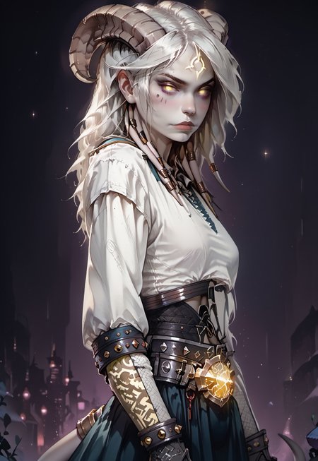 <lora:OZRN:0.9>, score_9, score_8_up, score_7_up, OZRN, digital art, culDraenei, side-view, 1girl, solo, small tits, culDraenei, yellow eyes, no sclera, no pupils, athletic, tall, slim, pale skin, grey skin, long tail, long ears, long hair, athletic, tall, slim, pale skin, grey skin, long tail, long ears, [neon tattooed, body emissive markings], armor, breastplate, bracers, pauldrons, skirt, belt, navel, [abs], bare stomach, nose-ring, standing, [nose blush:0.8], pale skin, looking at viewer, dark background, (neon lights), (soft glow),<lora:ff:0.2>, gothic anime style,<lora:GothicAnimev1:0.4>