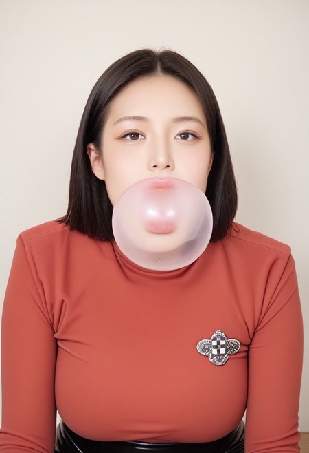 white skin, photo of an 22-year-old Korean idol,masterpiece, best quality,smiling, realistic,score_9, score_8_up, score_7_up, full body shot, semi realistic,forehead, shot,black hair,mature asian,milf, 
1girl, female, huge breasts, thick thighs, wide hips, horny, lips, korean_race_queenv2,gini_S2,Realisian-Neg, (yellow and black checkerboard skirt),(stiped yellow and red suit), (dark-purple latex shirt),pantyhose, parted bangs,manhwa milf, queen bee ami, lips (blowing clear large bubblegum)