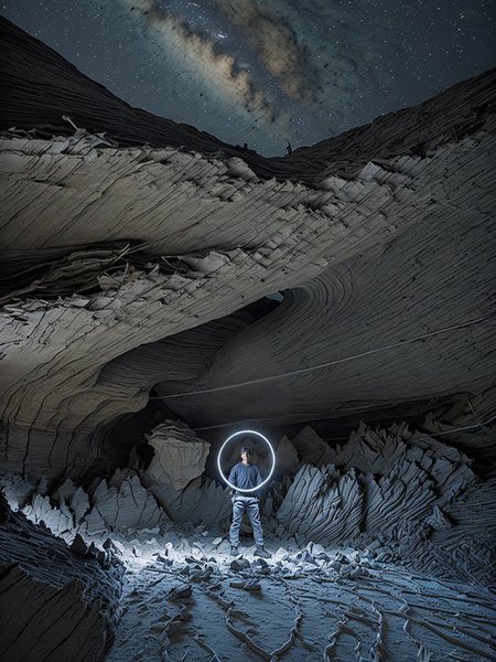big <lora:reubenWuStyleLora_v21:1> a light circular in the middle of white rock cave inside, center a man Stading alone, <lora:sahiru:0.9> facing the camera.