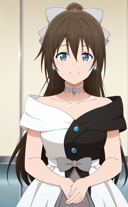masterpiece, best quality, highres, newest, 1girl, solo, official style, anime screencap, <lora:Ousaka_Shizuku:1>, shizuku, ponytail, brown hair, white_hair_bow, blue eyes, choker, two-tone dress, off shoulders, collarbone, jewlery, earrings, cowboy shot, smile, indoor