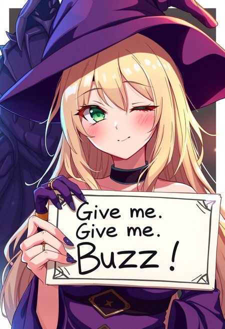 score_4,score_5,score_6,score_7_up,score_8_up,score_9 ((masterpiece,best quality,ultra detailed,highres,HD,4k:1.2)), 
1 girl,solo,face focus,
dark_magician_girl,blonde_hair,duel_monster,1girl,long_hair,green_eyes,bare_shoulders,wizard_hat,large_breasts,cleavage,hair_between_eyes, 
(("Give me Buzz.",Beggars Borad,Holding a sign, holding a sign that says, "Give me Buzz."))
((closed one eye,wink:1.1)),happy,blush, looking at viewer, smile,
