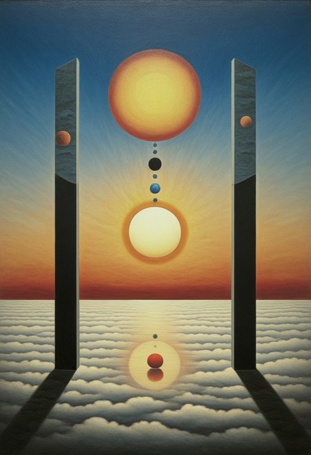 Futuristic Citadels Above the Clouds : 
Smooth, chrome-like towers pierce a sea of dawn mists. Warm sunrise hues paint their reflective surfaces, melding sci-fi geometry with serene fog. Jupiter, Saturn, and Mercury align in an eclipse of the sun. The time of reckoning is upon us.
Style tags: Surrealist art, Rafal Olbinski, René Magritte, Jean Arp, Frida Kahlo, Jan van Eyck, William Hogarth, Pierre-Auguste Renoir, Xidong Luo, Kazimir Malevich, nvcmsdx, dunn, traditional media, abstract, painting (medium),