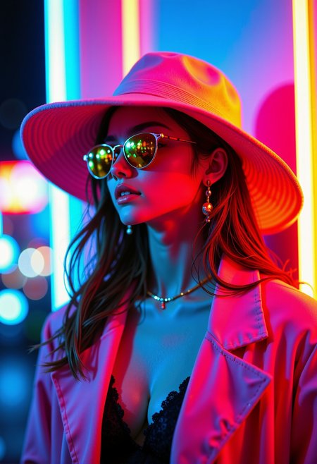 del1cate_balance style, Presenting a captivating image: a woman donning sunglasses and a vibrant neon hat. Tinges of ultraviolet and neon hues permeate the scene, reminiscent of the distinctive style curated by the talented artist Jen Bartel. The artistic fusion of neon lights and fantastical elements creates a truly captivating neon digital artwork. Drawing inspiration from the iconic People and synthwave art styles, this visual masterpiece showcases a dynamic and eclectic mix. Immerse yourself in the futuristic allure of synthwave art, exquisitely blended with neon aesthetics for a truly mesmerizing experience <lora:Delicate_Balance-000015:1.00>