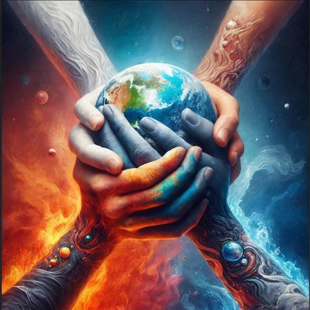 4  hands holding a globe in flames and water, with a blue sky background and a red flame, <lora:hand 4:1>