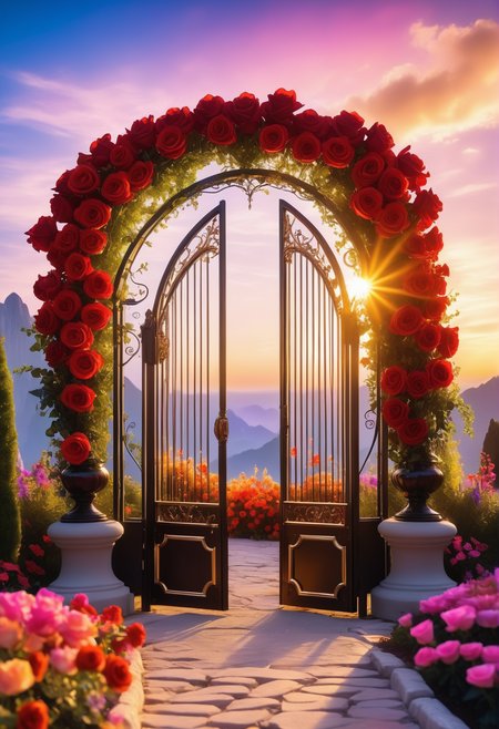 sunrise shines,landscape of a reij-ebsu gate,retro sci fi steampunk, fire <lora:ebony sunset-000001:1>, empty place, the gate surrounded by flowers is made of pam-flwr <lora:SDXL_FLOWER_STYLE:0.9>, a reij-mg outdoor room, neon light <lora:reij-moderngothic:0.8>, landscape of a (Crystal Crag:1.2) , Lagrange point background, cinematic, vignette, exquisite color, theatrical, cinematic light, highly enhanced, pure
