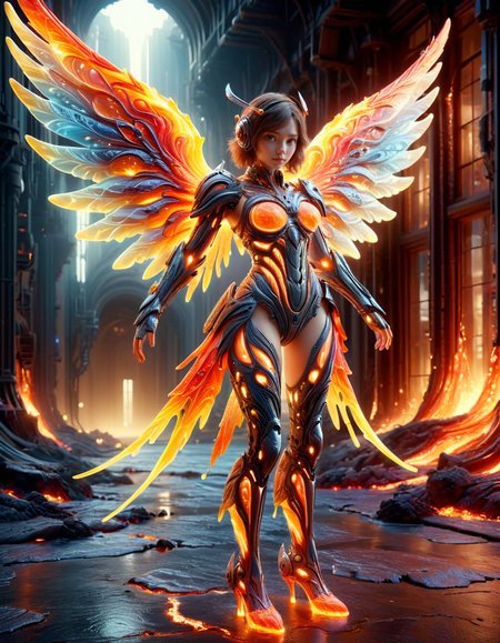 (best quality, masterpiece, colorful, dynamic angle, highest detailed)upper body photo, full body photo, fashion photography of cute mechangel, glowing 4 wings, solo, glowing armor, glowing halo, building, glowing mechanical 4 wings (intricate details, hyperdetailed:1.15), detailed, light passing through hair, (official art, extreme detailed, highest detailed) <lora:ral-lava-sdxl-v2:1> ral-lava