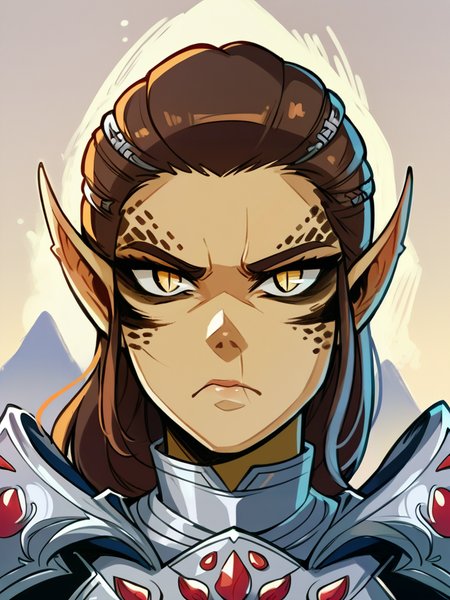 score_9, score_8_up, score_7_up, score_6_up, score_5_up, score_4_up, BREAK source_anime, 
1girl, looking at viewer, bg3laezel,
frown, colored skin, slit pupils, yellow eyes, brown hair, pointy ears, silver armor,
portrait,
landscape background, 
 <lora:corneo_laezel:0.95>