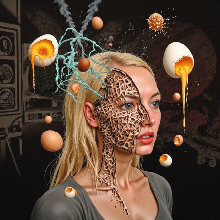 woman in her 20s with blond hair. head is split into four distinct quadrants with very sharp division lines so you can see the cutaway of the face like a science diagram. very strange surrealist style with holographic vortex featuring swirls of holotropic colour and glowing eyes wet distorted factory shot. On the television sets are glowing hands, with electricity coming off the finger tips. swirling around her head are holograms of  glyphs chaos magick symbols. the room has thick electicity cables and smoke is coming off them. large fried eggs are floating in the air, dripping gooey cracked eggs, there are multiple eggs floating. on the wall in the background are photos of nuclear explosions