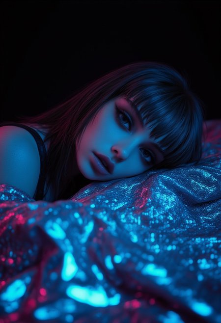 A hyper-realistic portrait photograph featuring a young woman with long, straight, dark hair lying gracefully on a bed draped in a shimmering sequined blanket that sparkles intensely, reflecting light in every direction, creating an almost magical glow. She rests on her side, her head propped delicately on her right hand, while both her hands are concealed under the blanket, adding an air of mystery to her pose. Her fair skin contrasts softly against the glittering blanket, and her expression is introspective, with slightly parted lips adding a touch of sensuality. The blanket's sequins catch the ambient light, scattering it into a dazzling display of shimmering reflections, resembling a star-studded night sky. The dim, ambient lighting enhances the intimate, moody atmosphere, casting gentle shadows that sculpt the contours of her face and body, emphasizing her serene yet enigmatic presence. The background fades into darkness, ensuring the focus remains entirely on the subject and the mesmerizing interplay of light on the sparkling blanket. The composition blends softness and glamour, fusing intimate elegance with a hint of otherworldly magic.