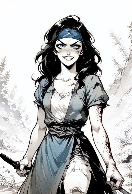 score_9, score_8_up, score_7_up,  BREAK, source_manga, source anime, (((very clear lines)))
BREAK
Monochrome manga style of a scuzzy perverted twisted insane evil villainous deathly pale white female nord of about 30 years old with pale grey blue eyes with bags under them and a wide sadistic grin.  She has messy black hair falling over a dirty and bloody blue headband bandana, slightly toned arms and legs, and is holding a knife.  She has small breasts and wears a tattered blue medieval dress with the sleeves ripped off and the hem cut high.  
BREAK
Skyrim rolling hills background in sunset, shadow, monochrome