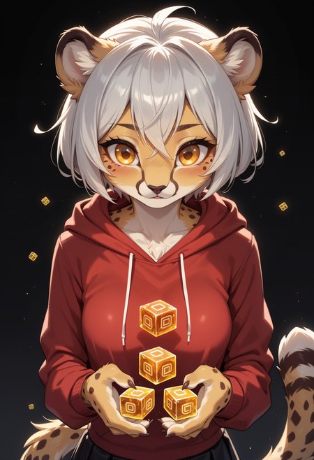 score_9, score_8_up, score_7_up,
source_furry, high quality, perfection, detailed, aesthetic, well-lighted,
1girl, solo, upper body, face focus,
black background, cubes background, underlighting, 
furry female, anthro, furred body, fluffy fur, beautiful girl, cute girl, adult, youthful, beautiful face, detailed face, perfect eyes, detailed eyes,
(cheetah girl), medium breasts, white hair, short hair, yellow eyes,
red hoodie, black skirt,
(glowing glass cubes:1.2), flying cubes, (too many cubes:1.4),