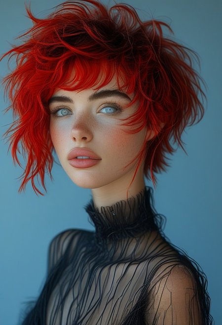 Realistic photo, ultra-realistic photo, ambient occlusion, cinematic lighting, ray tracing, reflections, masterpiece, best quality, ultra realistic, 4k, 2k, film photography, realistic photo, ultra-realistic photo, RAW photo, high res., high quality, masterpiece, full body view, bellissima, 19-year-old girl (19yo), Italian, lots of red feathers around her hair, short black hair, tousled hair, blue eyes, almond-shaped eyes, red painted lips, parted lips, seductive smile, wearing a transparent black bra, sheer black bra, a black, heavy necklace made of large, coarse chain links, shiny skin, intricate details, detailed face, super-detailer-bsy, detailifier, detailed skin, detailed hair, hyper-detailed, ultra-detailed, sexiness enhancer
