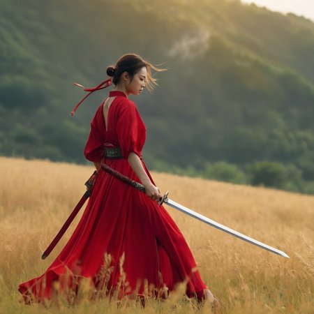UHD, 4k, ultra detailed, cinematic, a photograph of  <lora:female samurai style v2:1>
full shot, an epic cinematic photo of a woman in a red flying dress holding a warrior sword with perfect hand, while looking down at something, outdoors in field, female samurai style, epic, beautiful lighting, inpsiring