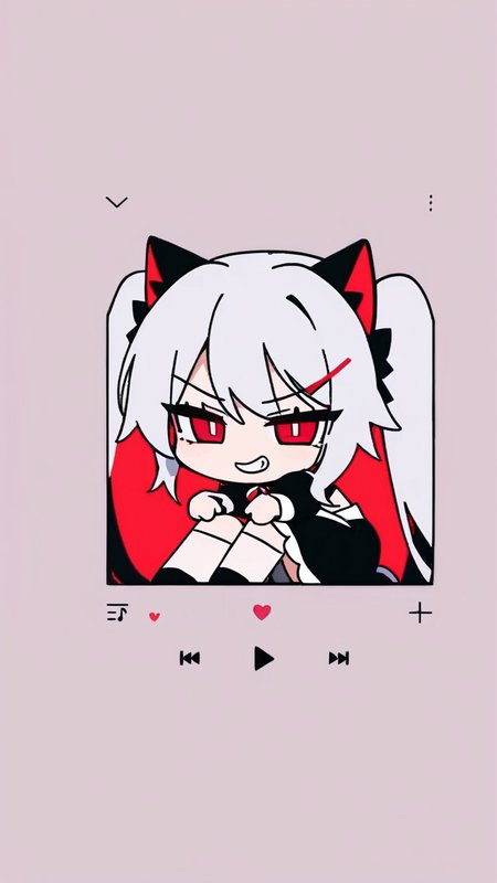 masterpiece, best quality,   <lora:mikuoeo-xl-a3.1:1>,1girl, chibi,solo,full body, cat ears, white hair,long hair,bangs,red eyes,maid,grin,