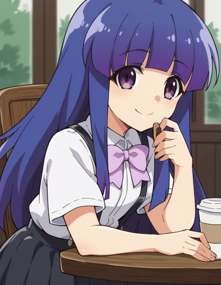 score_9, score_8_up, score_7_up, source_anime, <lora:rika-furude-s4-ponyxl-lora-nochekaiser:1>, rika furude, long hair, bangs, blue hair, purple eyes, blunt bangs, purple hair,, skirt, shirt, bow, school uniform, white shirt, short sleeves, pleated skirt, bowtie, black skirt, suspenders, pink bow, suspender skirt,, cafe, coffee, table, chairs, casual, smile, leaning forward,, looking at viewer, solo,, dutch angle, cowboy shot