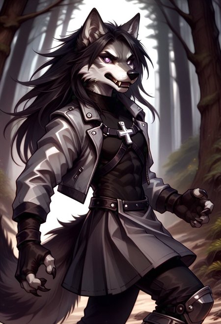 score_9, score_8_up, score_7_up, FMW1, source_furry, anthro, wolf, wolf ears, wolf tail, paws, claws, fangs, (gradient eyes:1.5), hugbaldw, cutoff jacket, body harness with holy cross design, long black hair, charcoal greaves, gray skirt, black shirt, black pants, black fingerless gloves, long legs, slender legs, dark forest,