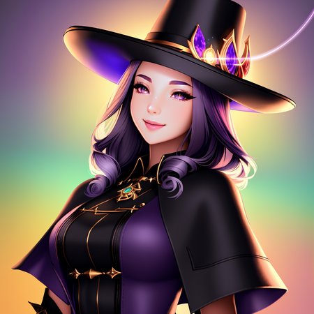 Masterpiece, 4K, highly detailed, magic, fantasy universe, final fantasy xiv black mage, beautiful woman wearing mage_glam,  (mage robes and mage hat:1.2), casting a spell, shiny mage robe,half body clear picture, smiling at the viewer, purple haired black mage, extreme amount of detail, (make every pixel count in drawing the most beautifully detailed art you can:1.1), analog style, glowing colors, symmetric, centered, closeup, feminine, athletic, fit, narrow waist, high, [(colorful explosion psychedelic paint colors:1.1)::0.125],  realistic body proportions, realistic, photo-realistic, 8k, highly detailed, led light, laser lights,fruit-flavored, (thepit bimbo:0.5), glossy,anatomically correct, symmetrical anatomy,   <lora:Mage_Glam:0.65>