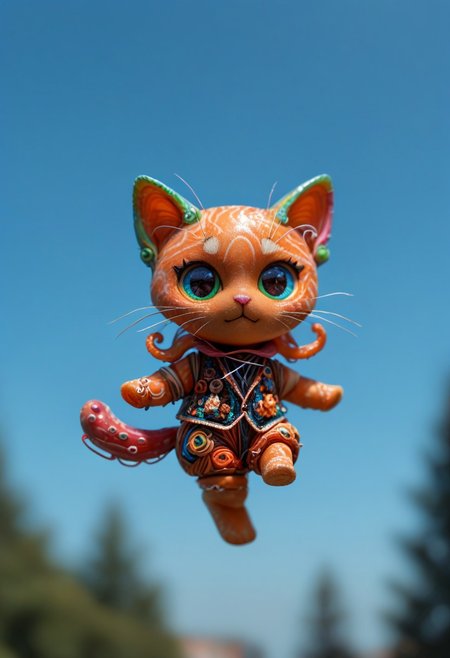 score_9, score_8_up, score_7_up, score_6_up, score_5_up, score_4_up, masterpiece, very aesthetic, absurdres, Tilt shift photography style, photo, a chibi octopus cat, floating in air, blue sky, blurry background, neon, wires, made of wires, cables, outlined with wires and purple neon, green neon outlines, wire sculpture, neon wire sculpture,