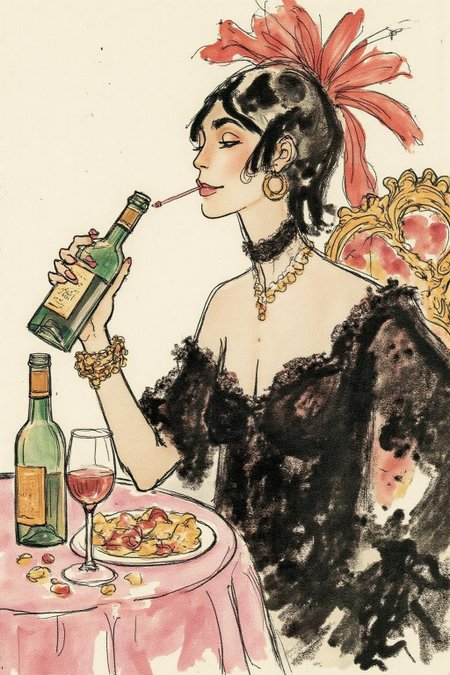 hugop1 illustration. 
A woman sitting at a table with a bottle of wine in her hand. The woman is wearing a black little dress.
 <lora:hugop1_cap_d6a3e12:1.0><lora:824402939637569457:0>