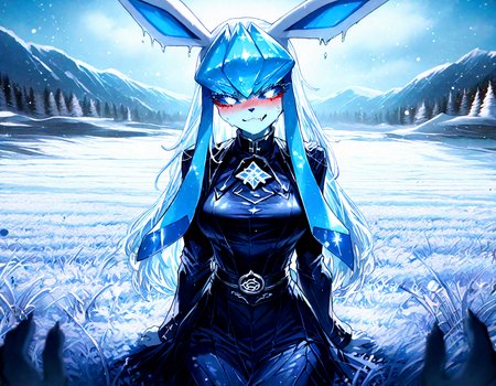 pokemon, glaceon , 1girl, ban! \(bansankan\):0.7, quasarcake:0.8, wlop:0.9, animal_ears ,animal_nose,blue_fur ,blue_hair ,blue_sclera, blue_sky ,blue skin,blue_theme, blurry, blush, body_fur, breasts,colored_sclera, cowboy_shot ,  fang, furry ,furry_female,  happy , medium breasts, looking_down , nose_blush, outdoors, personification ,pokemon_(creature),long_hair, shiny_skin ,sidelocks,sky, smile, solo ,sweat , tail ,white_eyes, long_sleeves, black_shirt ,black dress,
pov_hands , looking at viewer, sitting,
snowy, snow, outdoors, field, mountain, cloudy sky, trees, fr0stwrld, ice ,
masterpiece, best quality, Good quality, very aesthetic, absurdres, newest, (Perfect details), solo,
<lora:Fr0stWrld4:0.7>, <lora:ponyv5_noobV065S_1_adamW:0.8>, <lora:illustrious_noobai_epsilon_pred_1_best_quality_v1:0.7> ,<lora:illustrious_noobai_epsilon_pred_11_very_aesthetic_v1:0.7> ,<lora:illustrious_noobai_epsilon_pred_1_masterpieces_v1:0.7>