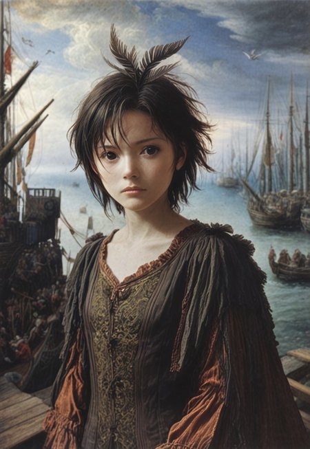 safe_pos, <lora:paulbril_pony_v1:1.1> by bril paul in, portrait \(genre\), marina \(genre\), baroque \(style\), 
score_9, score_8_up, 
1girl, solo, (Kikuchi Makoto:1.8) on the foreground is standing on the wooden pier of a port watching ships in the sea,
<lora:KikuchiMakoto_pony_v1:0.9> kkcmkt, short hair, black hair, antenna hair, hair between eyes, black eyes, flat chest,  small breasts, 
<lora:loraeyesxl:0.4>

