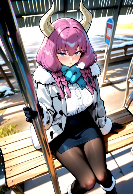HDR, high contrast, masterpiece, best quality, amazing quality, very aesthetic, absurdres, newest, scenery, (volumetric lighting), photorealistic, photo background, detailed,  1girl, aura \(sousou no frieren\), horns, magenta hair, blue eyes, looking at viewer, blush, breath, low twin braids, multiple braids, curvy, contemporary, layered clothing, fur-trimmed coat, duffel coat, white frilled shirt, gloves, scarf, center frills, black pencil dress, side slit, black pantyhose, fine fabric emphasis, platform boots,fur-trimmed boots, from above, perspective, sitting, outdoors, winter, bus stop, bench, dutch angle, masterpiece, best quality, amazing quality, very aesthetic, absurdres, newest, scenery, (volumetric lighting),