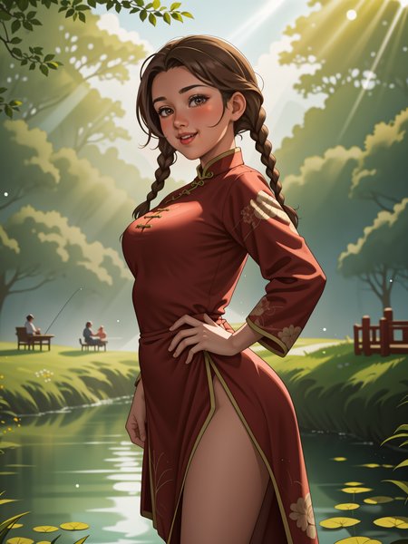 1girl, <lora:AromaStyle-V9:0.5>, brown eyes, light brown hair, twin braids, china dress, china, outdoors, village, tree, river,  pelvic curtain, light particles, sunbeam, hand on own hip, head tilt, lens flare, from side, people fishing on background
masterpiece, best quality, intricate detail,  <lora:PAseer-SD15-LCM Quick:1>  <lora:emotion_happy_slider_v1:2> <lora:backlight_slider_v10:-1> <lora:weight_slider_v2:1>