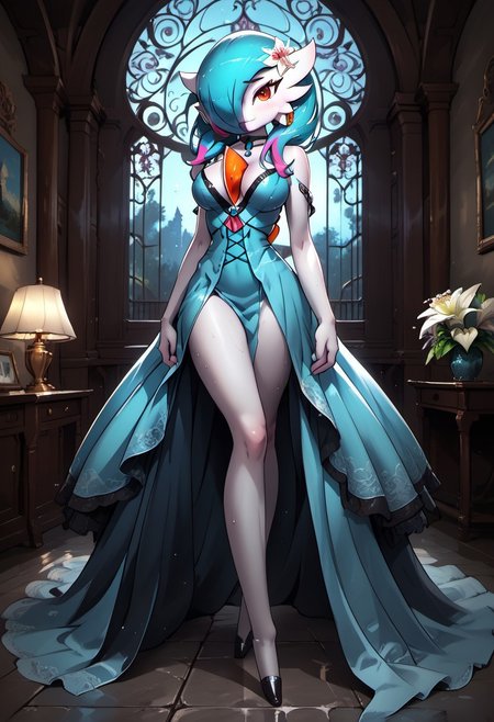 (((gardevoir))), female, anthro, pale white skin,
BREAK, (best quality:1.2),beautiful,perfect eyes,perfect face,1girl, masterpiece, best quality, Gardevoir, solo, <lora:Sotchosis-000018:0.7>, <lyco:GoodHands-beta2:1.0>(masterpiece:1.4), score_9, score_8_up, score_7_up, high detailed, high quality, masterpiece, quality highlights, 8k details, detailed background, source_anime, dynamic view, (ultra detailed), 
BREAK, Gardevoir, breasts, solo, blue_eyes, large_breasts, jewelry, earrings, hair_ornament, looking_at_viewer, long_hair, cleavage, night, white_hair, choker, indoors, bangs, flower, bare_shoulders, smile, dress, hair_ribbon, hair_flower, closed_mouth, blue_dress, window, ribbon, sleeveless, cowboy_shot, night_sky, blush, lamp
Detailed lines in high quality, shining glossy skin, soft lighting, soft skin, realistic skin, blum effect, masterpiece, absolutely eye-catching, oiled, sweaty, sweat drops, sweat, simple background, spotlight, dutch_angle, full body,
BREAK, (Background: dark fantasy , botanical garden:1.2), no humans, anime style