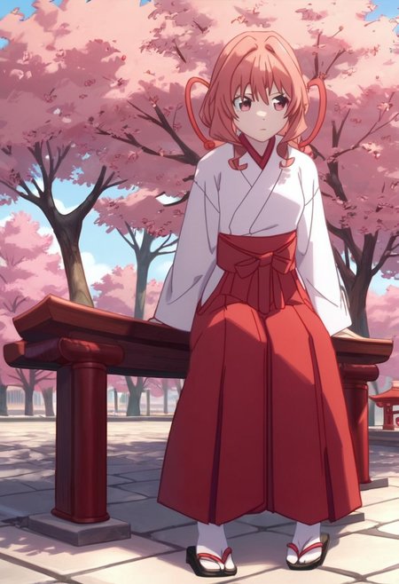 score_9, score_8_up, score_8, day, shrine background, spring, cherry trees, 1girl, amagami, pink_eyes, pink_hair, long_hair, hair_intakes, red_ribbon, hair_ribbon, japanese_clothes, hakui, hakama_skirt, red_hakama, geta sandals, tabi socks, looking forward, sitting on a bench in a shrine,