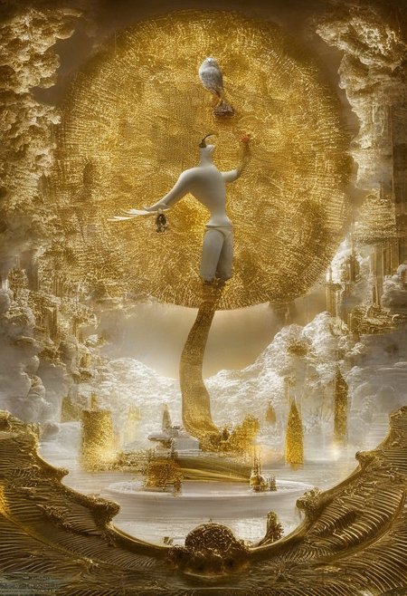 Bird made out of golden porcelan, extremely detailed, full hd, high resolution, art, masterpiece, pmg style