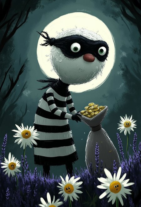A whimsical illustration of a lanky figure with enormous mischievous emerald eyes in dark whimsical art style, wearing a striped black and white shirt with a black mask across stretched features, hunched playfully while carrying an oversized bag of stolen treasures with golden coins spilling out, digital painting with expressive brushstrokes showing dramatic shadows and moonlit textures, misty night background with a glowing full moon, characteristic Tim Burton inspired design with an impish grin and elongated fingers clutching the bag, standing among purple lavender and white daisies that seem to lean away from the sneaking figure