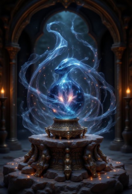 A mystical crystal in an Egyptian style, made of sapphire, placed on an ancient engraved pedestal with hieroglyphics. The sphere should be surrounded by glowing magical energy, with ethereal light trails swirling around it. The background should be an ancient Egyptian chamber with intricate carvings, glowing torches, and a mystical ambiance.