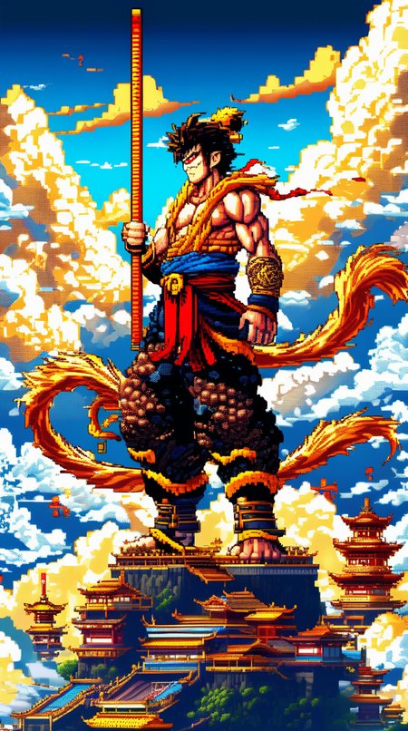 wukong on the cloud, comic, masterpiece, Pixel Art, highly detailed <lora:pixel_art_lora:1>