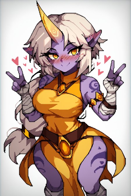 score_9, score_8_up, score_7_up, score_6_up, BREAK, SorakaLoLXLv2, purple skin, colored skin, white hair, long hair, low-tied long hair, sidelocks, yellow eyes, pointy ears, single horn, tattoo, large breasts, bare shoulder, yellow jewel, red cropped torso, yellow dress, armlet, bandaged arms, belt, bandaged legs, solo, standing, above view, peace sign, floating hearts, looking at viewer, seductive smile, naughty face, nose blush, white background, simple background <lora:SorakaLoLXLv2:0.9>, TamacoSamaStylePXL <lora:TamacoSamaStylePXL:1>