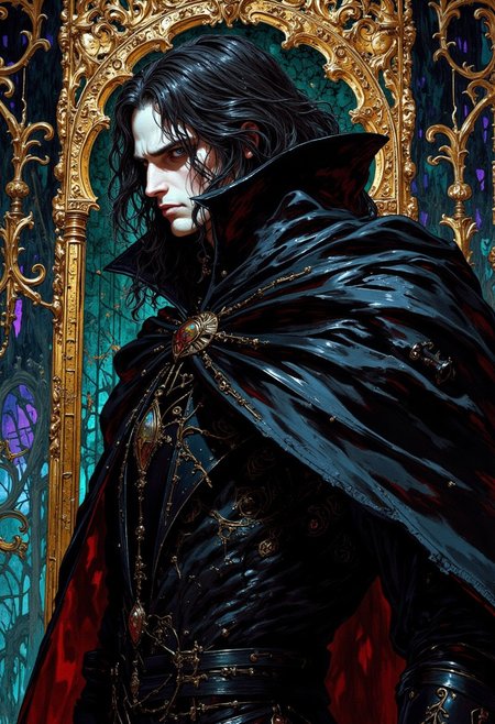 weibo, drawing, illustration retro 90's, Yoshitaka Amano, Ayami Kojima, chromatic aberration, detail, high contrast, cinematic view, volumetric lighting, perspective, (((close_up_face))), vampire_hunter, gothic_fantasy, long_black_hair, stoic_expression,golden_details, ornate_doorway, baroque_details,metallic_scrollwork,dark_mysterious_aesthetic, teal_reflections, opulent,purple_twilight,dramatic_lighting,high_contrast, eerie_atmosphere,fantasy_art,intense_gaze,dark_romantic, gritty_texture, melancholic_mood, thick_linework, surreal,cinematic, intense_detail,photorealistic,(sharp focus:1.3). A stylized character with a striking appearance. A Close-up focus is on he face of a character a tall, mysterious vampire hunter with pale skin and a stoic expression, dressed in a flowing black cloak. He has long, wavy black hair that cascades over his shoulders. The background features an ornate, dark, and mysterious doorway with intricate metallic designs, centered in an opulent and gothic-inspired room. The door stands slightly ajar, revealing darkness beyond, adding a sense of foreboding and otherworldly beauty, echoing the elegance and decadence of the scene. The scene has a dramatic, high-contrast color palette, with deep shadows and highlights accentuating the hunter's stoic demeanor. The image is highly detailed, with a focus on the textures of his suit, the sharpness and the way his interacts with the.
DB4RZ, DB4RZ style painting, (arms out:0.6),