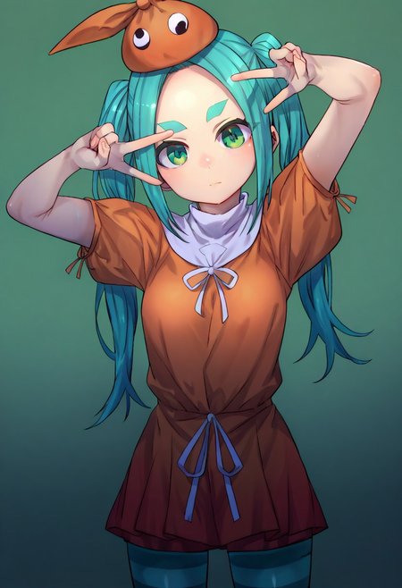 (zPDXL3), 
(zPDXLxxx), 
1girl, 
solo,
ononoki yotsugi, highres, twintails, aqua hair, green eyes, thick eyebrows, orange headwear, orange dress, striped thighhighs, expressionless, 
bust up, 
front view, 
looking at viewer, 
arms up,
v, 
eyes between fingers,