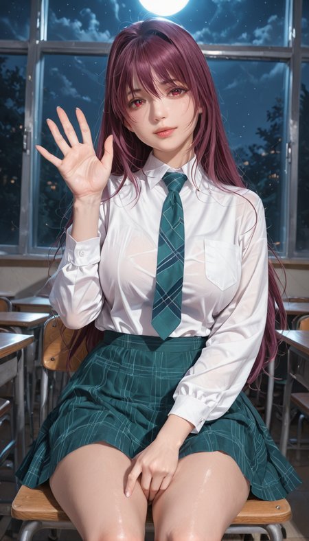 <lora:LCMTurboMix_Euler_A_fix:1> <lora:example_SDXL:0.3>, EZRealPONYXL, <lora:Dramatic Lighting Slider:3> <lora:realistic filter [IL]:1>
DSLR,realistic,cosplay photo, (very awa,masterpiece,best quality,year 2024,newest,absurdres,highres:1), realistic,skin texture,facial features, photography shot with Canon EOS 5D Mark IV , realistic, RAW, best quality, masterpiece, amazing quality, skin details,
1girl, highly detailed beautiful face, large natural breasts,
detailed background, shiny skin, dutch angle, night, moonlight,
beautiful detailed eyes, intricate details, absurdres, anime screencap,
artist: onono imoko, artist: taesi,
<lora:YD IL:1>
masterpiece, best quality, high resolution, absurdres, 1girl, oranyd, school_uniform, green_skirt, plaid_skirt, white_shirt, collared_shirt, necktie, classroom, sitting, looking_at_viewer, naughty_face, from_below, scathach_(fate), waving,