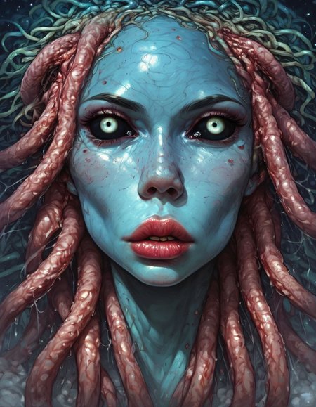 score_9, score_8_up, score_7_up, score_6_up, Expressiveh, very aesthetic, highly detailed, intricate, g0thicPXL, d3t51l3dXLP, s1_dram, eyedetailxl, bettereyes, detailed_eyes, by boris valejjo, by serpieri, close-up portrait, solo female alien, tentacle hair, compound eyes, large eyes, tiny nose, puffy lips, colored skin, turquoise, prominent cheekbones, black sklera, <lora:Pony\cutesexyrobutts_style_xl_goofy.safetensors:0.5:0.5> <lora:Pony\Concept Art Twilight Style SDXL_LoRA_Pony Diffusion V6 XL.safetensors:0.35000000000000003:0.35000000000000003> <lora:Pony\Boris_Valejjo_Style-000003.safetensors:0.7000000000000001:0.7000000000000001> <lora:Pony\S1_Dramatic_Lighting_v2.safetensors:0.3:0.3> <lora:Pony\d3t41l3dXLP.safetensors:0.7000000000000001:0.7000000000000001> <lora:Pony\Concept_Eye_Detail_-_Pony-000001.safetensors:0.6:0.6> <lora:SDXL\mkXLlokr8f-000186.safetensors:0.6:0.6> <lora:Pony\Expressive_H-000001.safetensors:1.0:1.0>