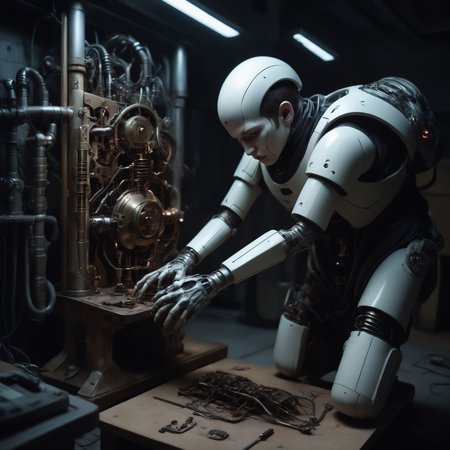 bbuk_style <lora:PureDarkness_RetroSciFi-000060:0.7> a boy with biomechanical limbs desperately trying to fix an old automaton in the basement, darkness