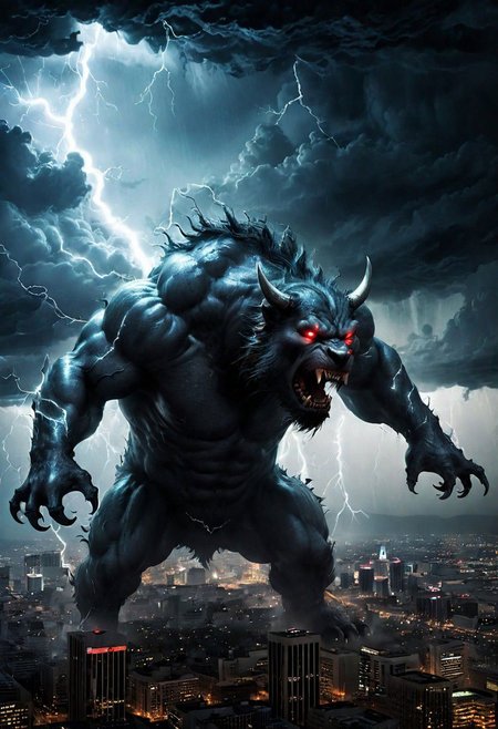 black clouds, rain, lightening, dark, night, ( beast appears from the rolling cloud), The beasts looks down as he towers above the city below,  DEVIL SPAWN