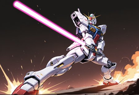 no humans, mecha, gundam, holding lightsaber, brave_pose <lora:Brave_Pose:1>, masterpiece, best quality, amazing quality, very aesthetic, absurdres, highres, newest