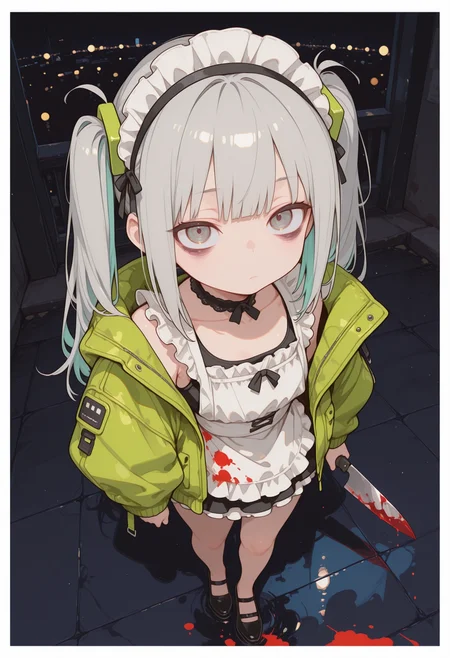 masterpiece, best quality,
1girl, solo, matured woman,
walking to viewer, looking at viewer, ((focus on face)), face focus,
grey hair, long hair, twintails, hair ornament, colored inner hair,
bags under eyes, daze, emotion less,
holding blood stained knife,
oversized neon green jacket, black short tank top,
long victorian maid skirt,
flat chest, chubby, ((chubby thick legs)),  [[[[skinny stomach]]]],
black pumps, no socks ,
night, city alley, ((dynamic perspective)), dutch angle, ((((from above)))), fisheye lens, (close up), full body shot,
background with thick white border, puddle of blood , reflection, ((blood stained clothes)),
depth of field, bokeh, bloom,
S4bit4mago_illu, detailed, h4ra_illu, momosp,
<lora:sdxl_turbo_weghts_beta_v0_1_0:0.3>
<lora:MomoSweetSpaceILL:0.6>
<lora:hara_id_21:0.45>
<lora:S4bit4mago:0.95>
<lora:NOOB_vp1_detailer_by_volnovik_v1:0.45>
<lora:Detailer_NoobAI_Incrs_v1:0.6>
<lora:rupetan:0.5>