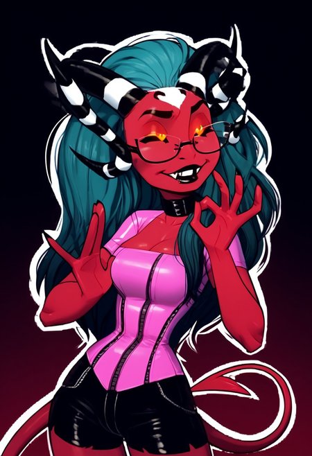 a furry sticker of, white outline:1.4, HCSV1,  Helluvabossstyle, helluvastyle, HBstyle, by incase, score_9, score_8_up, score_7_up, score_6_up, score_5_up, best quality, highly detailed, intricate details, extremely detailed, masterpiece, 4k, fine details, subtle soft details, futanari, simple background, black background, ((Imp, demon)), ((red skin with white spots:1.4)), (((black sclera:1.4))), ((glowing orange eyes, orange iris, black pupils, split pupils)), (long demon tail), ((black ram horns:1.5)), ((long teal hair:1.4)), ((purple slave collar)), ((black lipstick)), black eyeliner, plump, cute, medium breasts, cleavage, curvy, long fingerless gloves, large iris, 1girl, solo, (bust shot), eyes partially closed, light blue tongue, half closed eyes, (latex leotard under clothes:1.3), black claws, detailed white teeth, smile, teeth, smiling, happy, mechwear, (corset), bdsm, pink latex bodysuit, zipper, skin tight, pink t-shirt, shorts, shortstack, Barbie Wire, underrim_metal, glasses, under-rim eyewear, black-framed eyewear, pachameme, hands up, ok sign, closed eyes