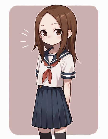 score_9, score_8_up, score_7_up, source_anime, masterpiece,<lora:PonyXL_V6_v1v404_v3:1> , fully rendered, outline, 
1girl, solo, <lora:Takagi_Pony:0.8>, Takagi-san, brown_eyes, brown_hair, long_hair, forehead, flat_chest
red_neckerchief, sailor_collar, white_shirt, blue_skirt, pleated_skirt, black_thighhighs,