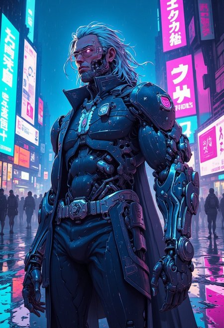 neonpunk, A striking upper portrait of a cyberpunk man standing confidently, looking to the side, agressive posing, the neon glow of holographic billboards and advertisements illuminating his muscled silhouette. His body is a masterful fusion of organic beauty and advanced cybernetic enhancements. Metallic implants run down his arms and legs, glowing softly with energy beneath his smooth, translucent skin, giving him an almost ethereal presence in the urban sprawl. His hair is jet silver, threaded with neon blue fiber optics. His eyes, augmented with data-processing lenses, flicker as he scans his surroundings, and beneath his coat, a powerful exoskeleton glows faintly, augmenting his movements for agility and speed. The rain falls lightly, bouncing off his chrome armor, reflecting the vibrant city lights. <lora:CPA:1>  <lora:BLUE_mk4_angel_FLUX_01:0.6>  <lora:ck-Neon-Retrowave:0.2>
