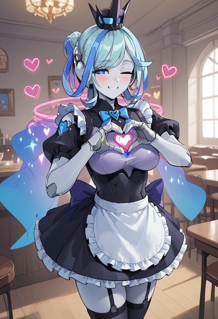 score_4,score_5,score_6,score_7_up,score_8_up,score_9 ((masterpiece,best quality,ultra detailed,highres,HD,4k:1.2)), 
1girl, solo,solo focus,girl focus,face focus,
robot joints,colored skin,
blue hair,two-tone hair,multicolored hair,streaked hair,single hair bun,crown,blue eyes,large breasts,
Maid outfit,Sleeveless, maid headband, frilly apron,Short sleeves, short skirt, thighs,
inside the cafe, ((Make a heart symbol with both hands, heart with both hands,heart hands,heart symbol,heart,heart effect,)), 
blush,shy,smile,((wink,closed one eye)),