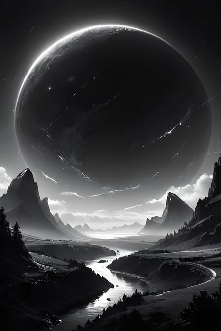 Silhouette style (((Ultra-detailed, 8k, highres, masterpiece)))(((epic-Ultra-HD-details, epic-Ultra-HD-highlights, epic-photo-same-realistic, upscaled-resolution, optimal)))a beautiful serenemagical landscape,<lora:ral-czmcrnbw:0.8>,ral-czmcrnbw,<lora:cs-cr1stal-v2:0.8>,cs-cr1stal-v2,<lora:More_interesting_backgrounds:0.8>,IBG,<lora:more_details:1>,<lora:SyFyEye1_v2.0:0.8>,SyFyEye1, . High contrast, minimalistic, black and white, stark, dramatic