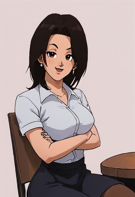 embedding:urn:air:sd1:embedding:civitai:222256@250708, score_9, score_8_up, score_7_up,, source_anime, rating_explicit, 
BREAK 
1woman,solo， Chi Chi, large breasts, suit, black shirt, short sleeves, short skirt, black skirt, brown pantyhose, smug, 
BREAK 
Simple background, chair, sitting on a chair,